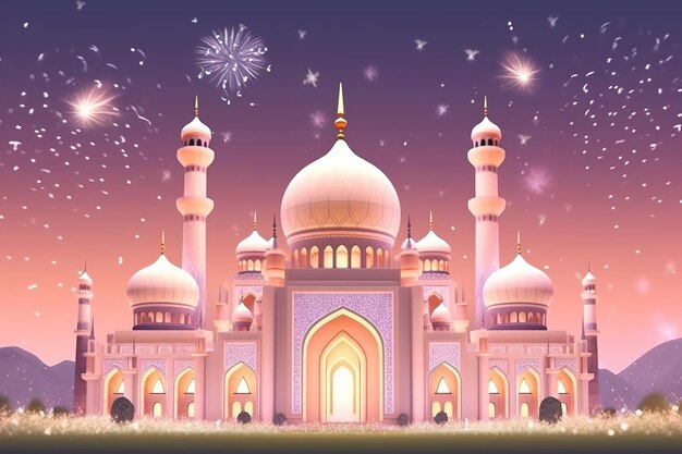 Eine farbenfrohe Illustration eines Taj Mahal mit Feuerwerk im Hintergrund