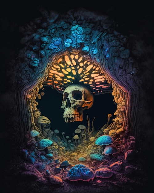 Eine farbenfrohe Illustration eines Totenkopfes mit einem pilzförmigen Eingang.