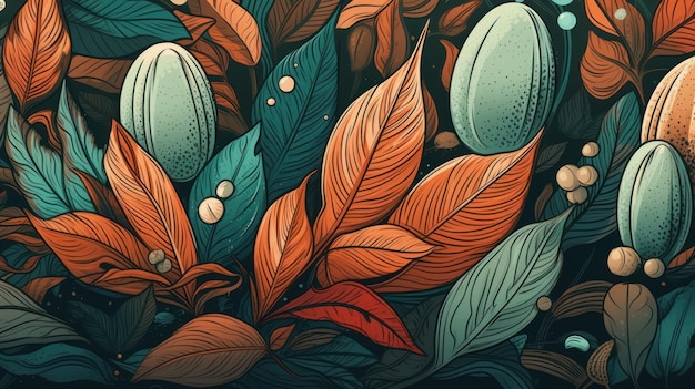 Eine farbenfrohe Illustration von Blättern und Kaffeebohnen.