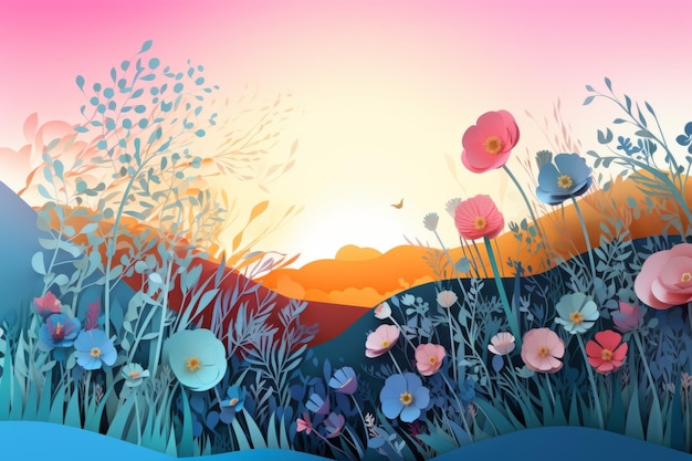 Eine farbenfrohe Illustration von Blumen auf einem Feld mit einem Sonnenuntergang im Hintergrund.