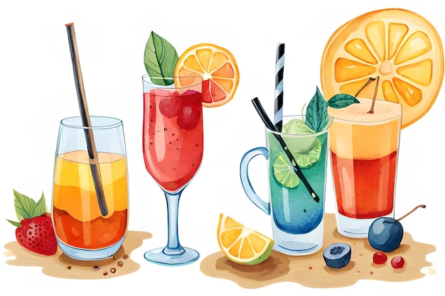 Eine farbenfrohe Illustration von Cocktails, darunter Orangen, Orangen und Blaubeeren.