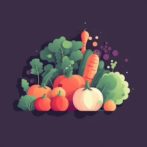 Eine farbenfrohe Illustration von Gemüse mit violettem Hintergrund.