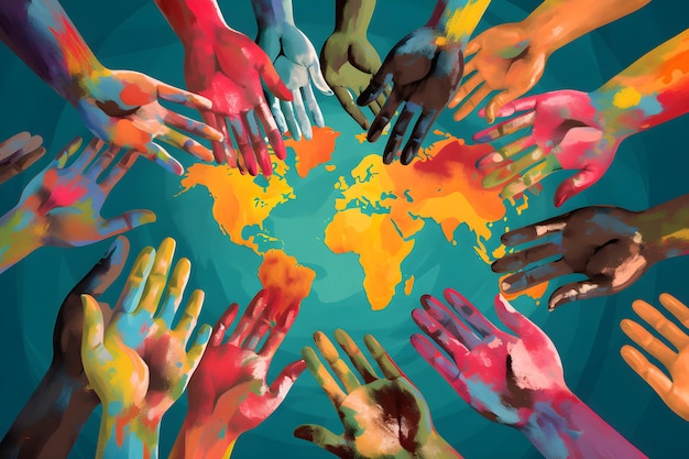 Eine farbenfrohe Illustration von Händen, die nach einer Weltkarte greifen.