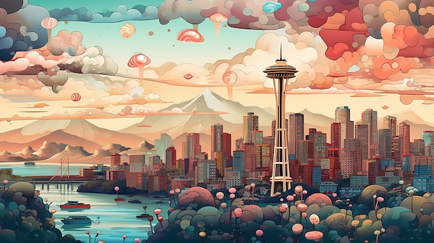 Eine farbenfrohe Illustration von Seattle mit der Skyline von Seattle im Hintergrund.