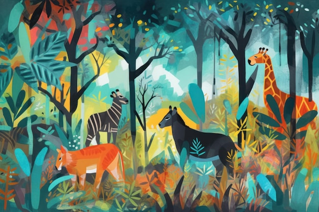 Eine farbenfrohe Illustration von Tieren im Dschungel.