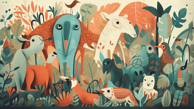 Eine farbenfrohe Illustration von Tieren in einem Dschungel mit einem Vogel auf der Vorderseite.