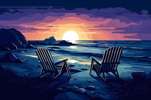 Eine farbenfrohe Illustration von zwei Stühlen am Strand bei Sonnenuntergang