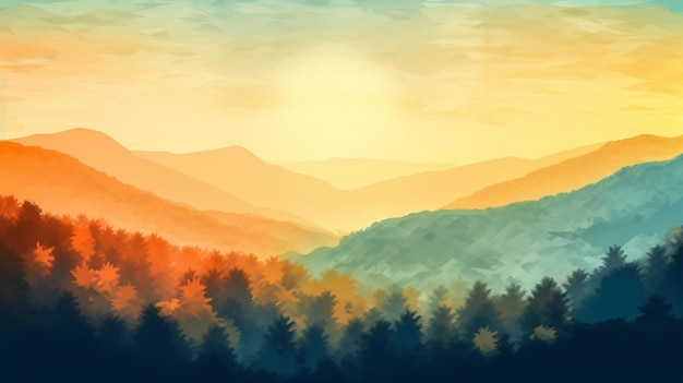 Eine farbenfrohe Landschaft mit Bergen und Bäumen im Vordergrund.
