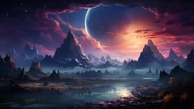 Eine farbenfrohe Landschaft mit Bergen und einer Galaxie im Hintergrund Generative KI