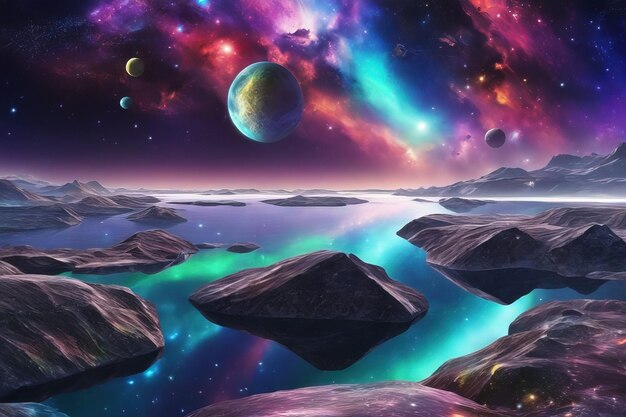 eine farbenfrohe Landschaft mit den Sternen und dem Wort Aurora.