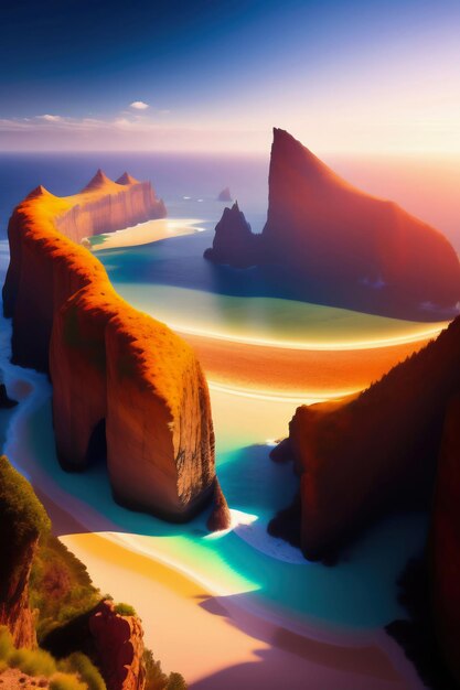 Eine farbenfrohe Landschaft mit einem felsigen Strand und einem Sonnenuntergang.