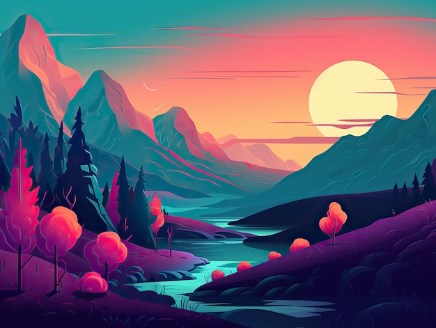 Eine farbenfrohe Landschaft mit einem Fluss und Bergen im Freien erkunden Reiseillustration