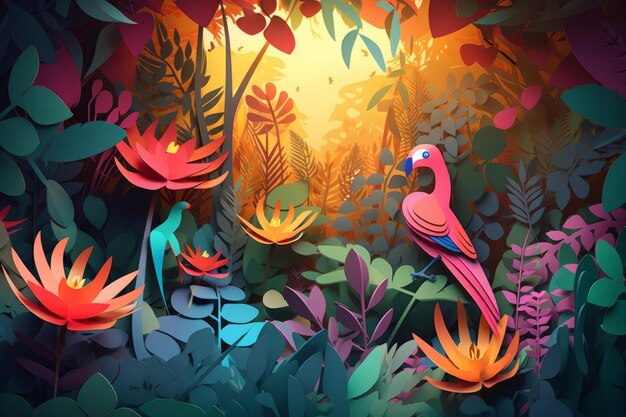 Eine farbenfrohe Papierkunst eines Papageis im Dschungel.
