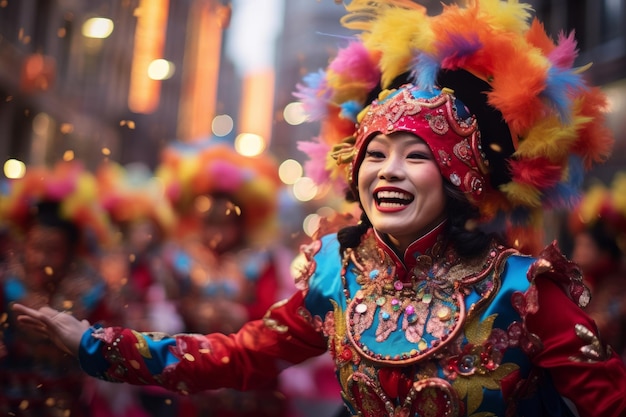 Eine farbenfrohe Parade mit Teilnehmern in traditioneller chinesischer Kleidung. KI-generativ