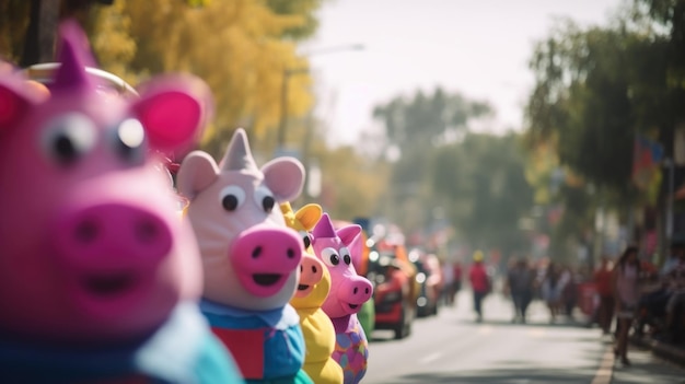 Foto eine farbenfrohe parade schwebt durch die straßen mit menschen, die sich als die geliebte farm ihrer gemeinde verkleidet haben