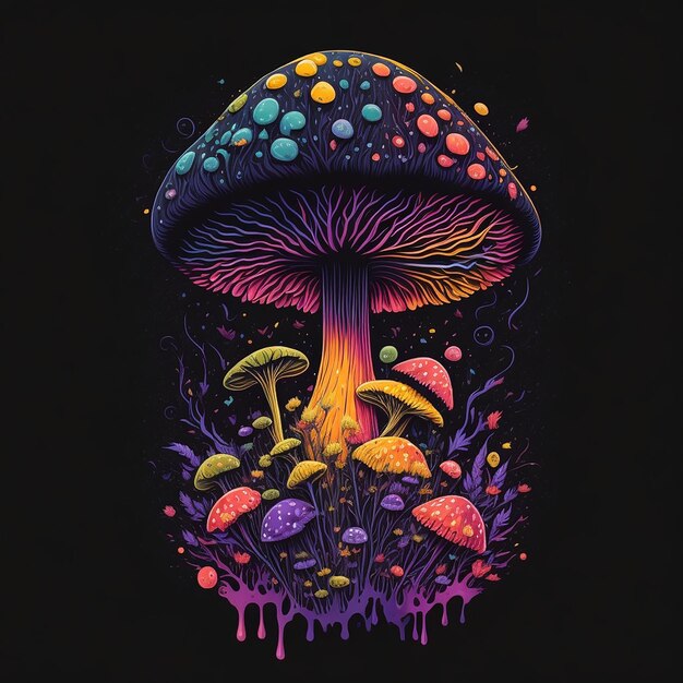 Eine farbenfrohe Pilzillustration mit mehrfarbigem Splash-Effekt