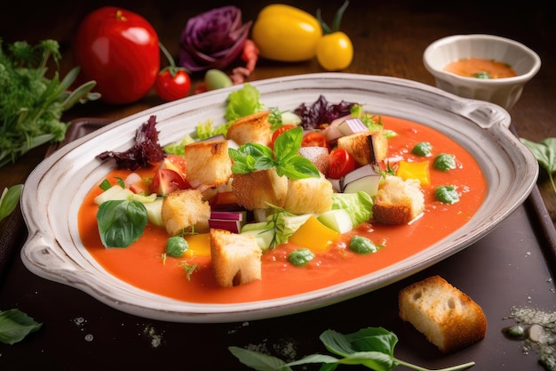 Eine farbenfrohe Platte mit gekühlter Gazpacho, garniert mit Kräutercroutons und gewürfeltem Gemüse