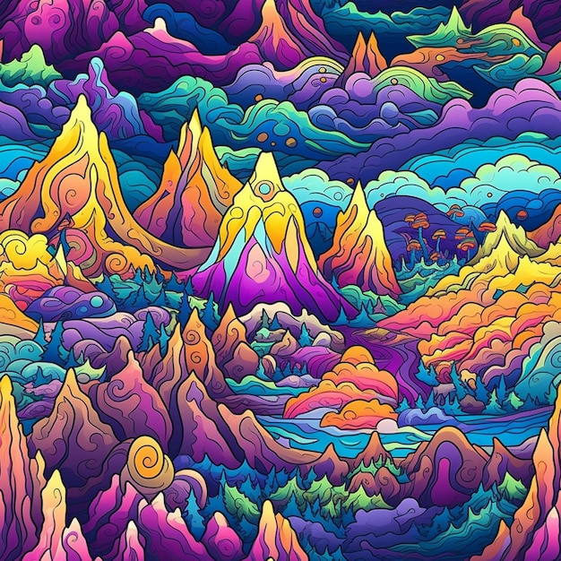 Foto eine farbenfrohe psychedelische berglandschaft mit wolken und bergen