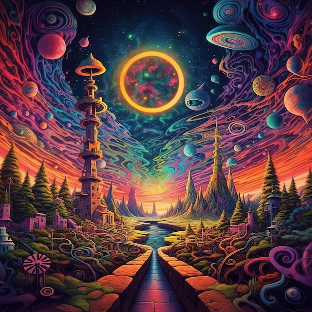 Eine farbenfrohe psychedelische Illustration eines Planeten mit einem Mond und einem Planeten im Hintergrund