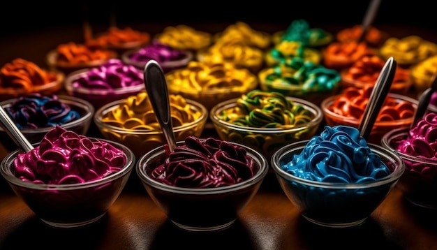 Foto eine farbenfrohe sammlung von speisen und getränken auf einem von künstlicher intelligenz erzeugten tisch