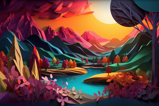 Eine farbenfrohe Scherenschnittkunst mit einem Fluss im Vordergrund und einem Berg im Hintergrund.