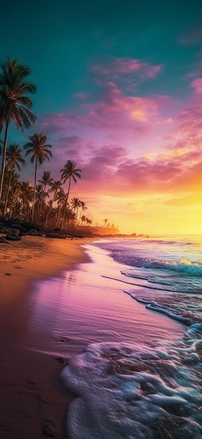 Eine farbenfrohe Strandszene mit Palmen und der Sonne, die am Horizont scheint.