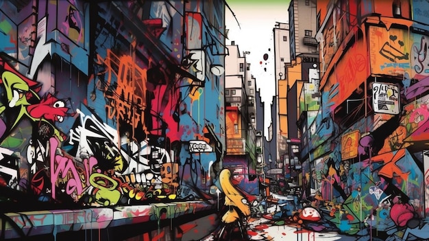Eine farbenfrohe Straßenszene mit einem Graffiti an der Wand.