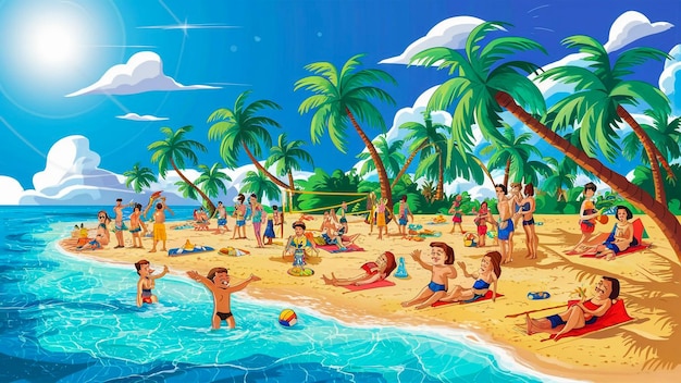 eine farbenfrohe Szene mit Palmen und Menschen am Strand