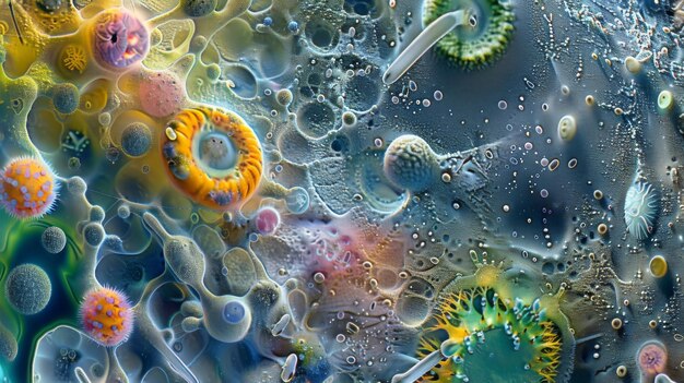 Foto eine farbenfrohe und komplizierte mikroskopische landschaft mit rotifern, die umherwandern und algen und