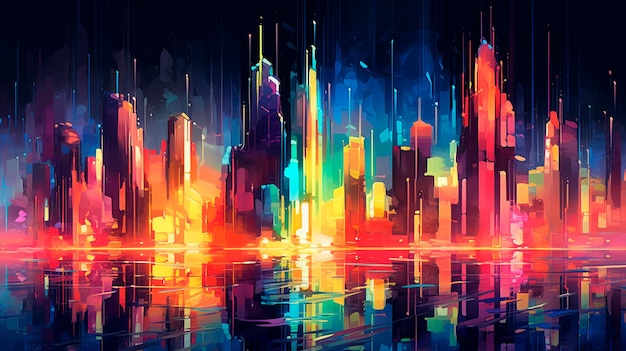 Eine farbenfrohe und lebendige abstrakte Skyline aus neonfarbenen Wolkenkratzern, die in der Nähe des Generative AI-Illustrators leuchten