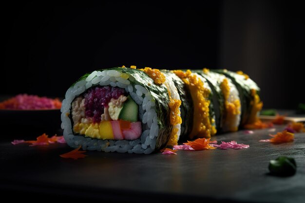 Eine farbenfrohe vegane Sushi-Rolle, in halber generativer Form geschnitten