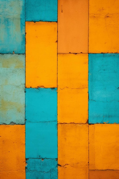 eine farbenfrohe Wand mit einem blauen und orangefarbenen Muster