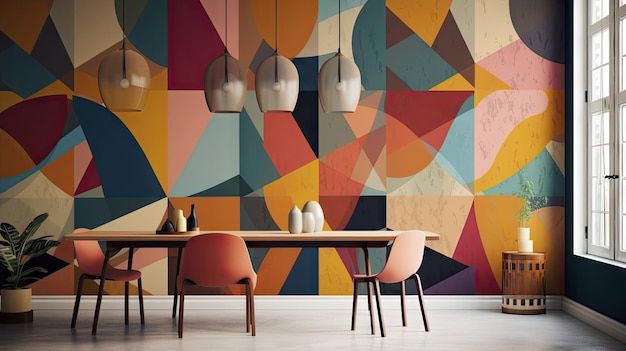 eine farbenfrohe Wand mit Stühlen und ein Tisch mit Stüllen und Lampen.