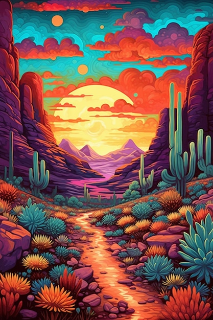 Eine farbenfrohe Wüstenszene mit einer Wüstenlandschaft und Bergen im Hintergrund.