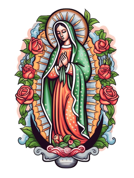 Foto eine farbenfrohe zeichnung einer jungfrau maria mit rosen auf der unterseite
