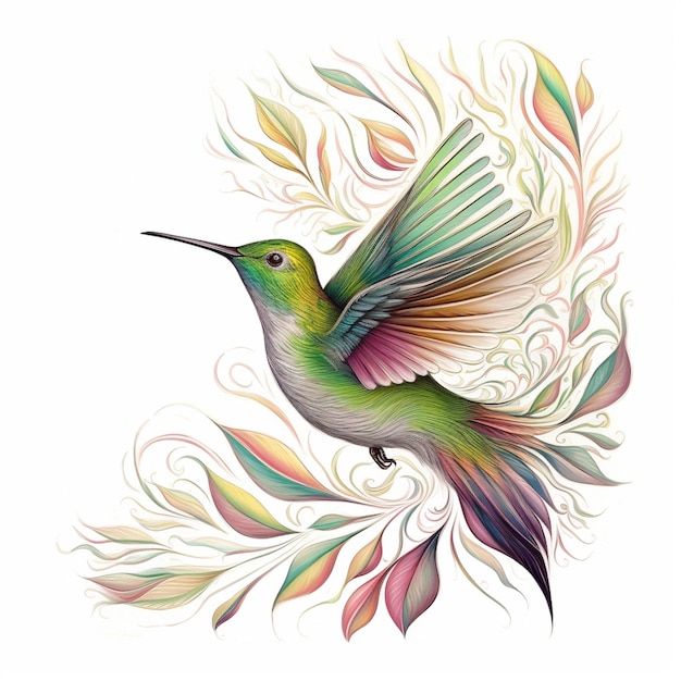 Eine farbenfrohe Zeichnung eines Kolibri mit bunten Blättern im Hintergrund.