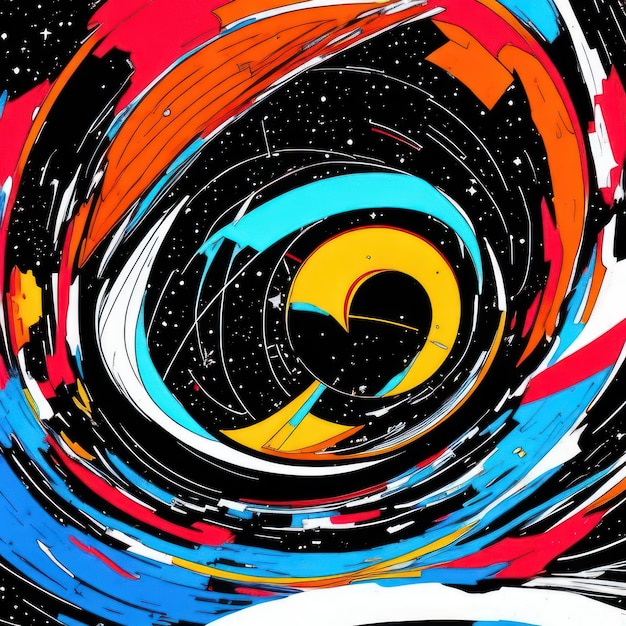 Eine farbenfrohe Zeichnung eines Schwarzen Lochs mit einem Schwarzen Loch in der Mitte.