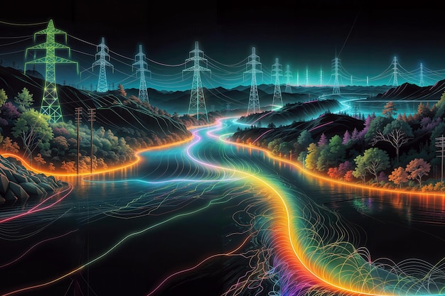 Eine farbenfrohe Zeichnung eines Smart Grids und Neonlinien