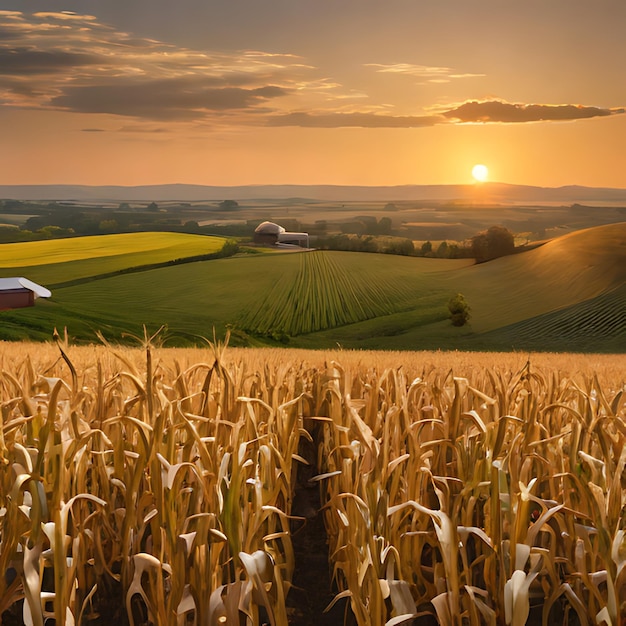 eine Farm mit einem Maisfeld und einem Sonnenuntergang im Hintergrund