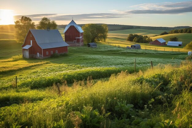 Eine Farm mit einer roten Scheune im Hintergrund