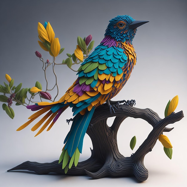 Eine faszinierende 3D-Illustration mit einem bunten Vogel, der anmutig sitzt