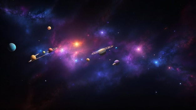 Eine faszinierende 3D-Rendering eines Sonnensystems Hintergrund umhüllt von farbenfrohen Nebel, wo Astral Bea