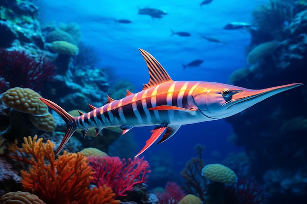 Eine faszinierende Aufnahme eines Wahoo-Fisches, der die lebendige Korallenlandschaft patrouilliert