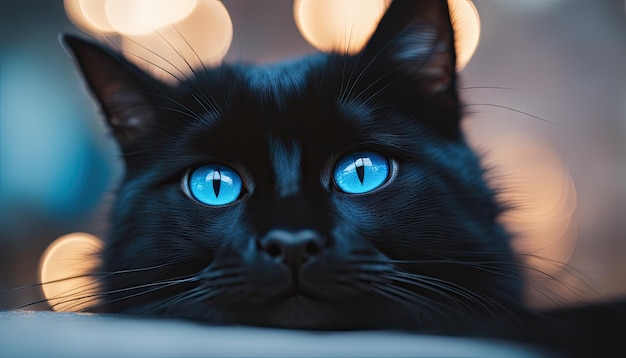 Eine faszinierende blauäugige schwarze Katze mit funkelnden Lichtern