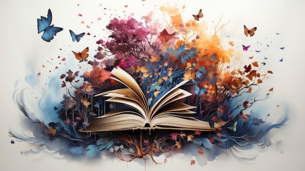 Eine faszinierende Explosion farbenfroher abstrakter Kunst, die von den Seiten eines offenen Buches hervorgeht und Kreativität und Fantasie symbolisiert