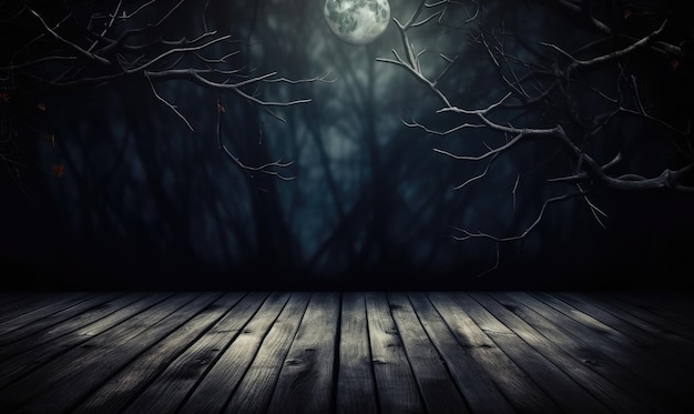 Eine faszinierende Halloween-Szene. Geheimnisvolle Waldatmosphäre mit einem dunklen Holzboden, hervorgehoben durch das Leuchten der Zweige und einem fernen Mond. Erstellt mit generativen KI-Tools