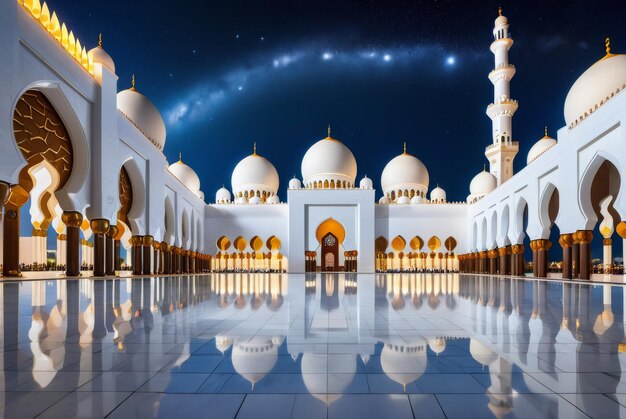 Eine faszinierende Low-Angle-Aufnahme zeigt komplizierte Details der Abu Dhabi-Moschee mit leuchtenden Lichtern.
