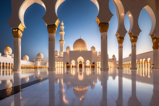 Eine faszinierende Low-Angle-Aufnahme zeigt komplizierte Details der Abu Dhabi-Moschee mit leuchtenden Lichtern.