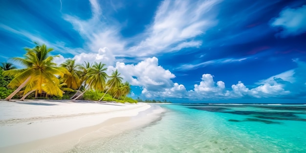 Eine faszinierende Luftaufnahme des tropischen Strandes der Malediven mit seinen weißen Sandpalmen, türkisfarbenem Meerwasser und flauschigen Wolken, die von Generative AI generiert werden