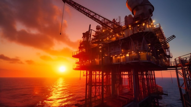 Eine faszinierende Luftaufnahme eines mechanischen Inspektors, der bei Sonnenuntergang Wartungsarbeiten auf einer Offshore-Öl- und Gasplattform durchführt